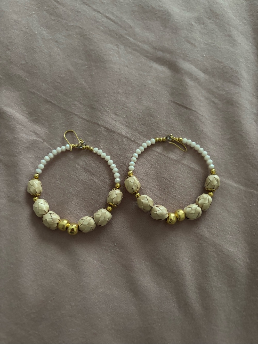 Gold & Cream Beaded Hoop Earrings